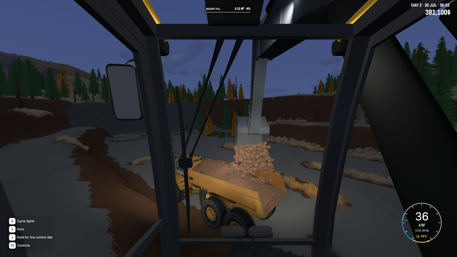 View from an excavator cab while unloading soil into a dump truck