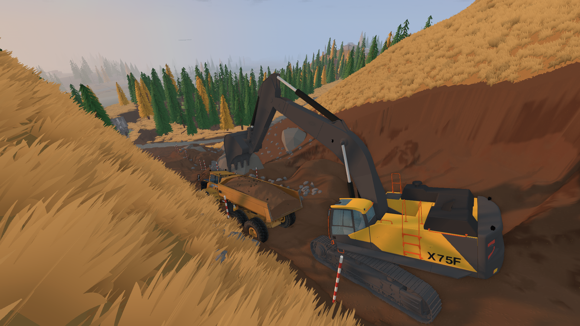 A yellow excavator loads a dump truck in a hillside excavation
