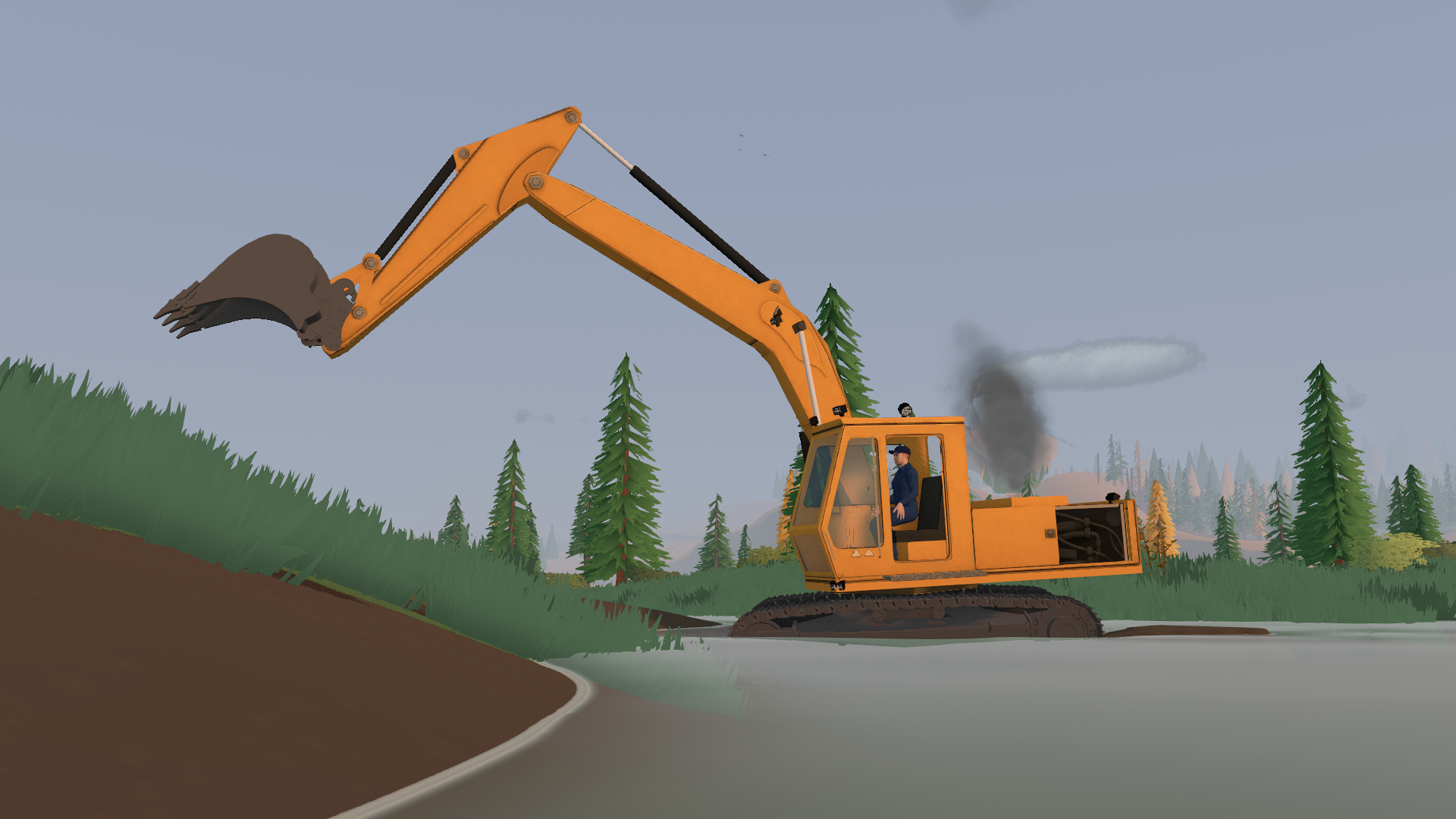 A tracked excavator raises its bucket beside water in a forest