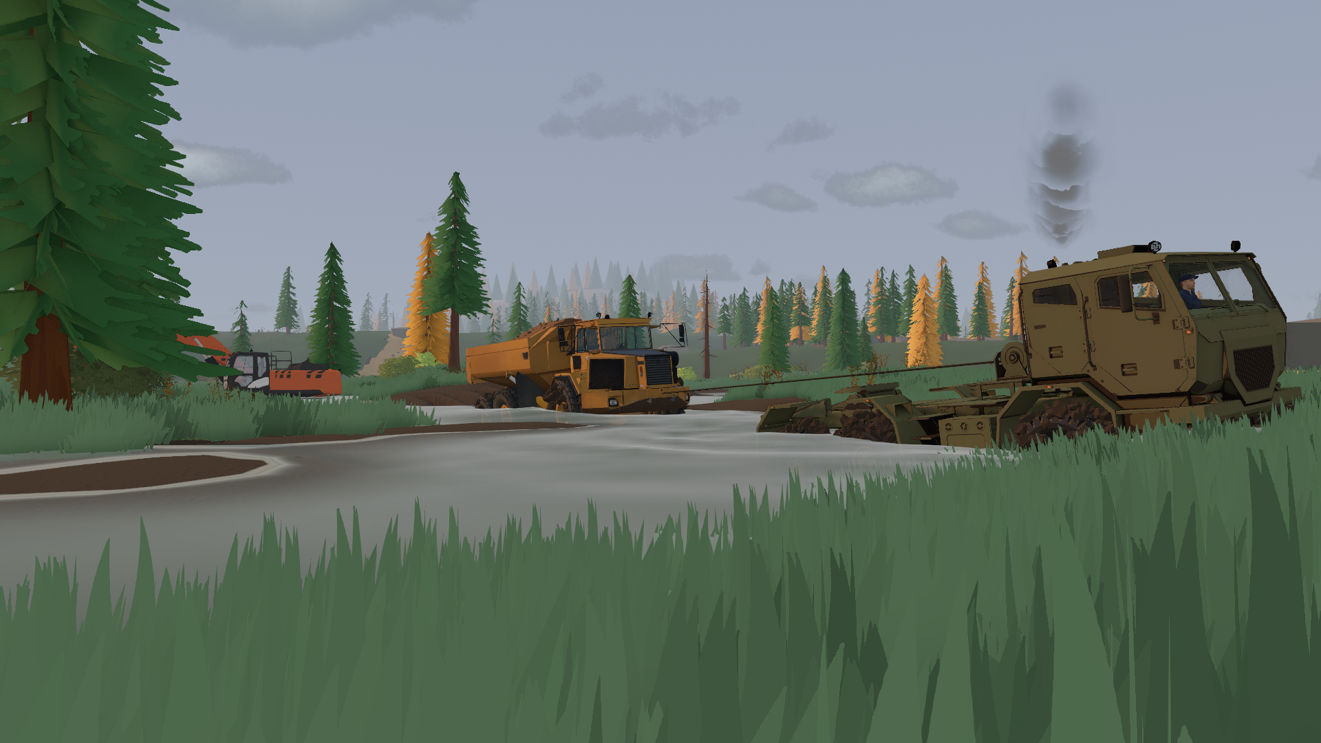A heavy recovery truck pulls a dump truck through water beside an excavator