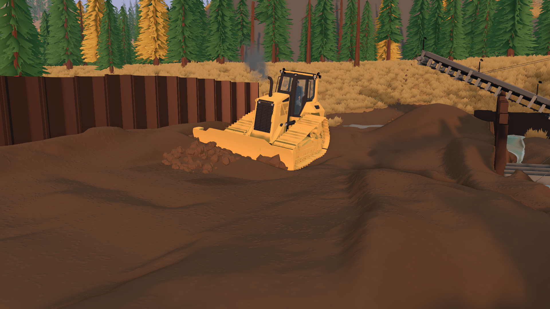 A yellow bulldozer pushes loose soil beside a conveyor
