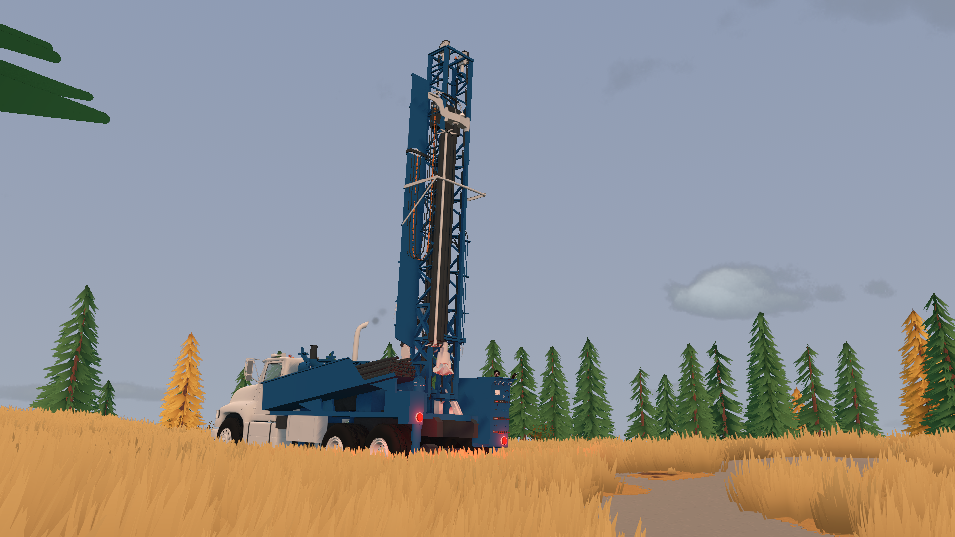 A truck-mounted blue drill rig with its mast raised