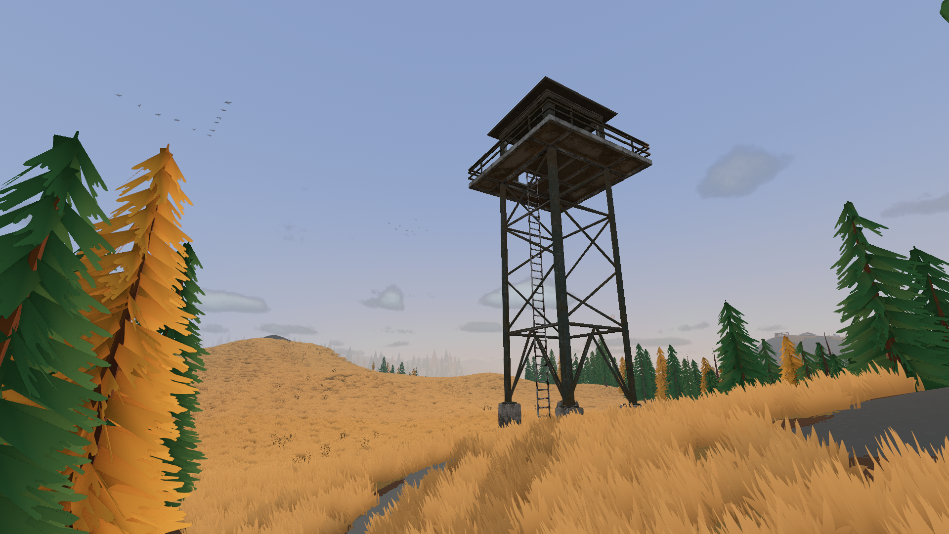 A lookout tower above a grassy hillside and forest