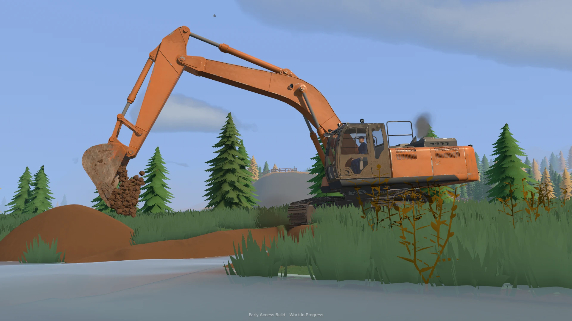 An orange excavator works on a muddy bank beside water.