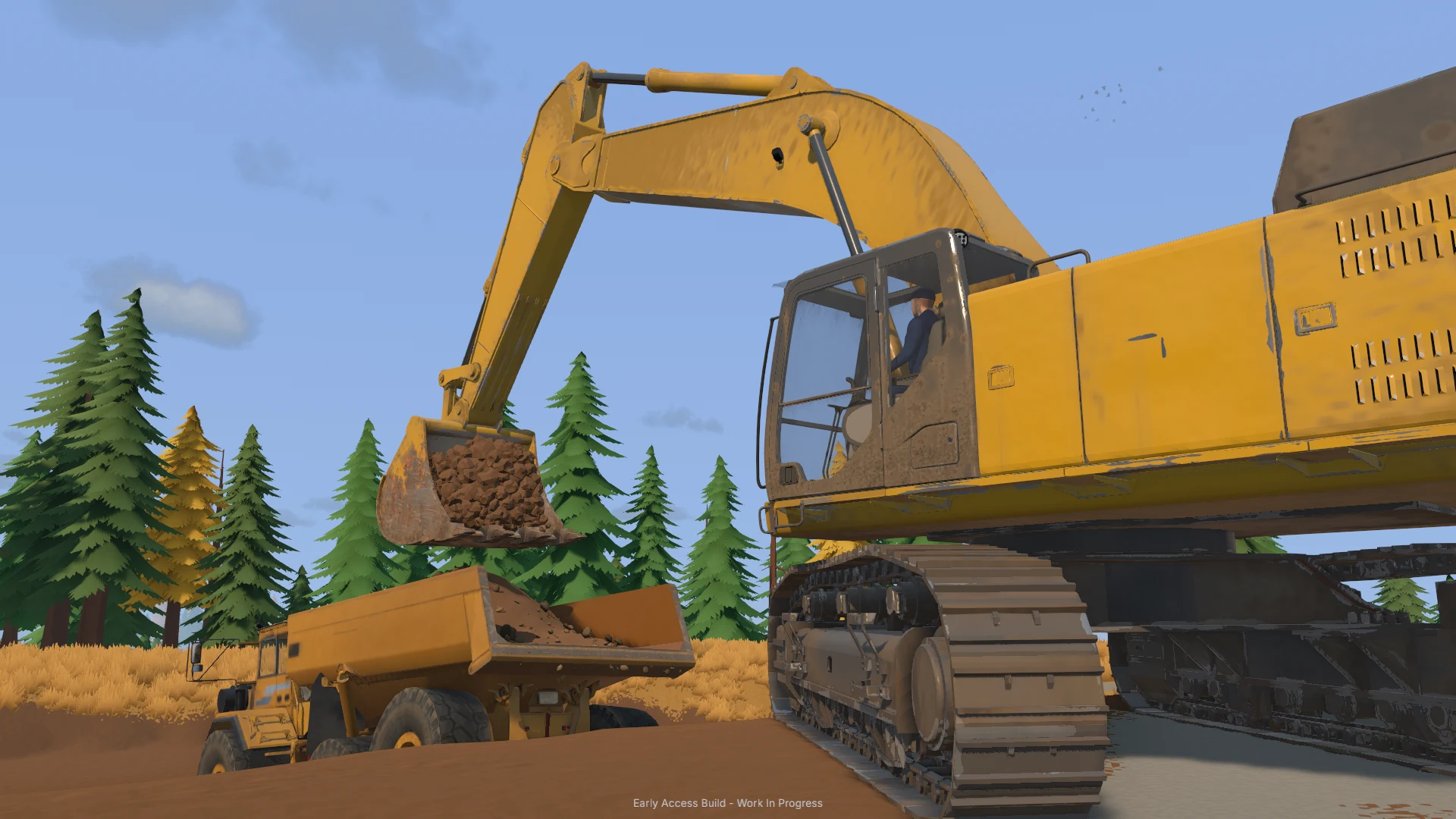 An excavator loading material into a dump truck