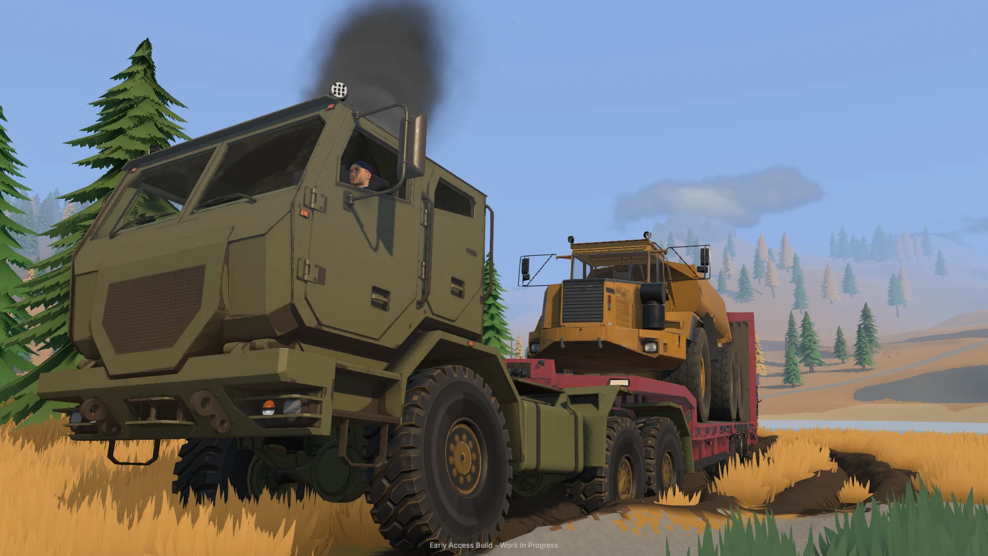 A heavy truck carries a yellow wheel loader on a trailer.