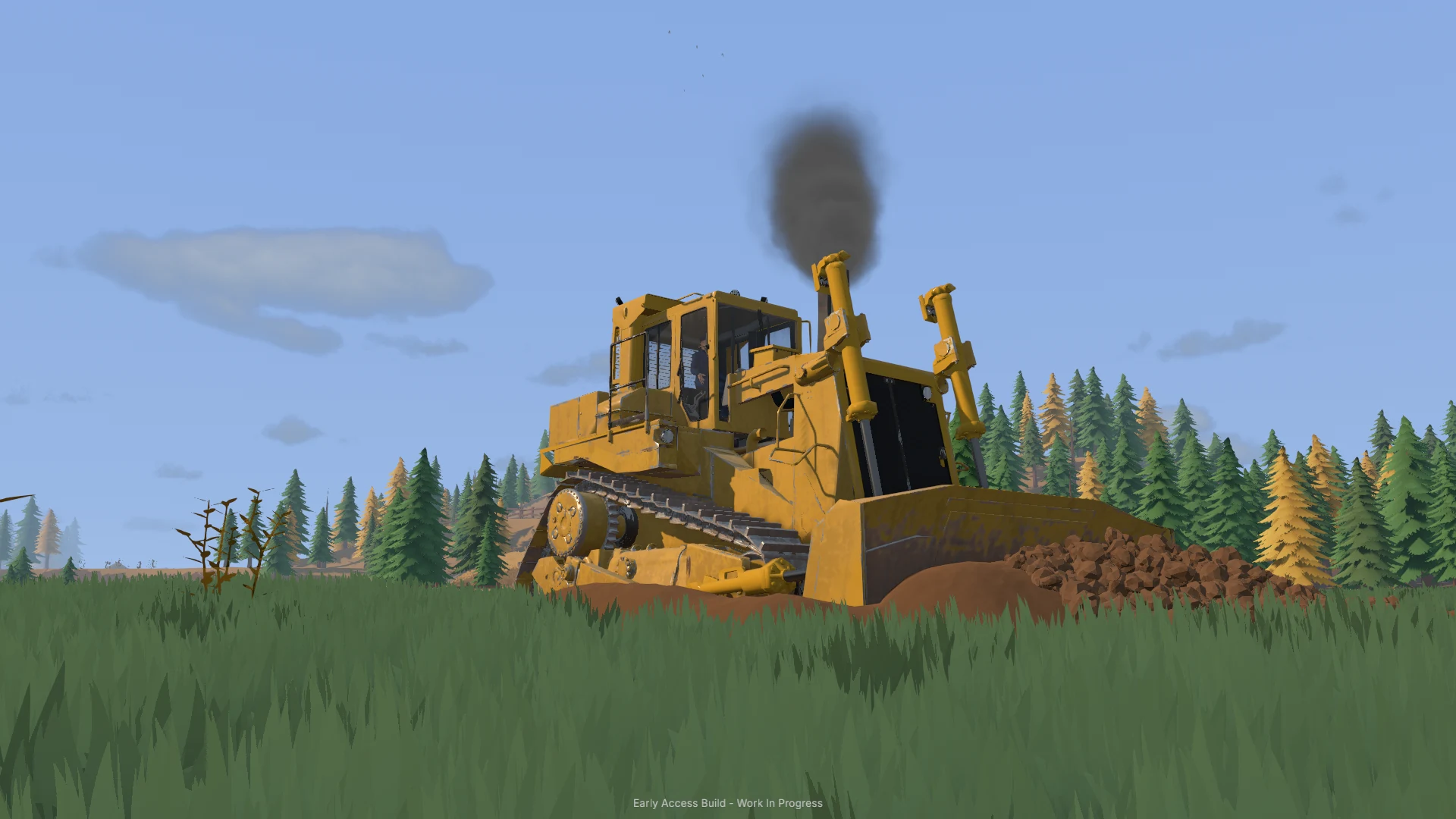 A yellow bulldozer pushing soil across a forest worksite