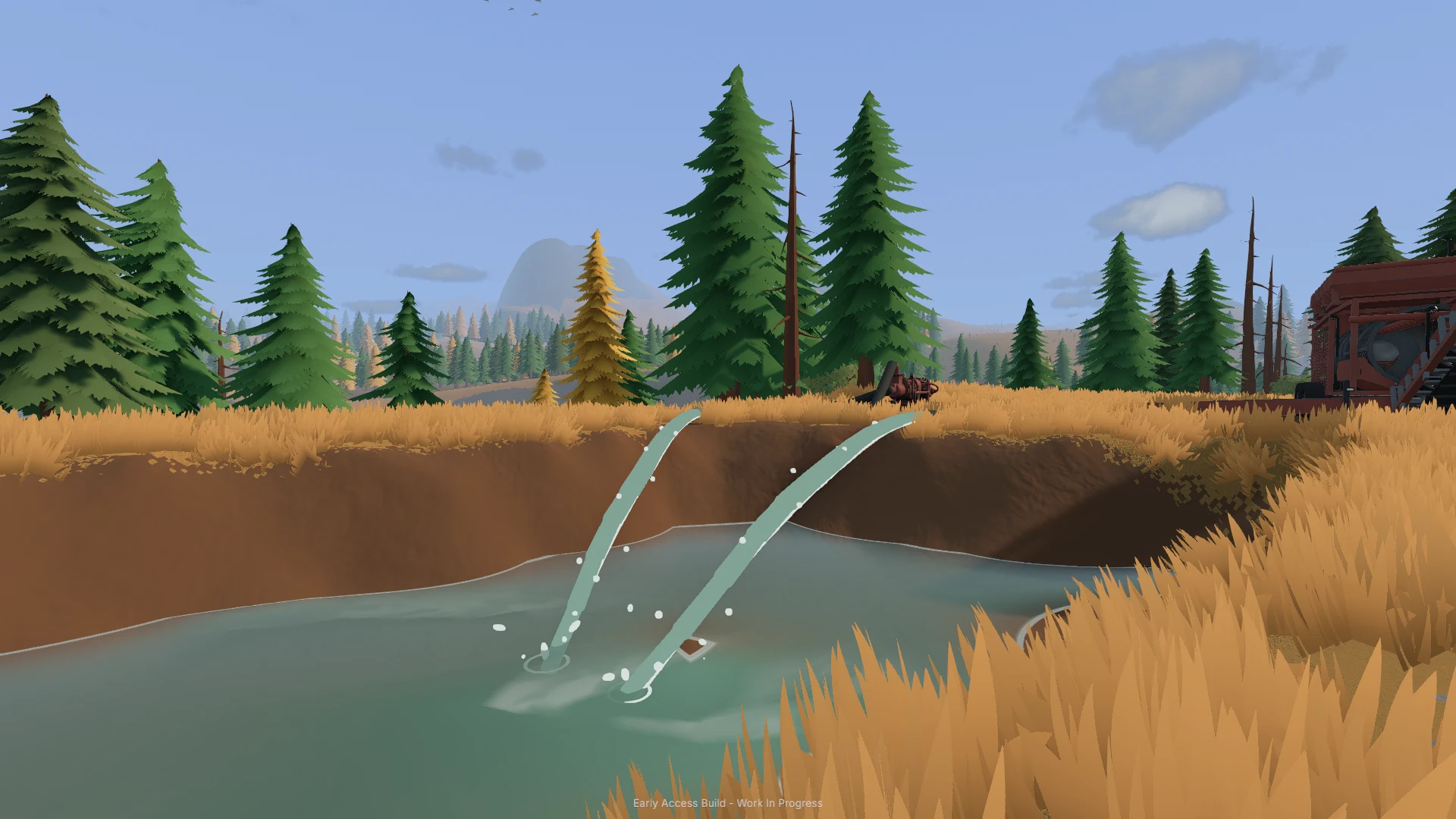 Two streams of pumped water flow into an excavation beside a forest
