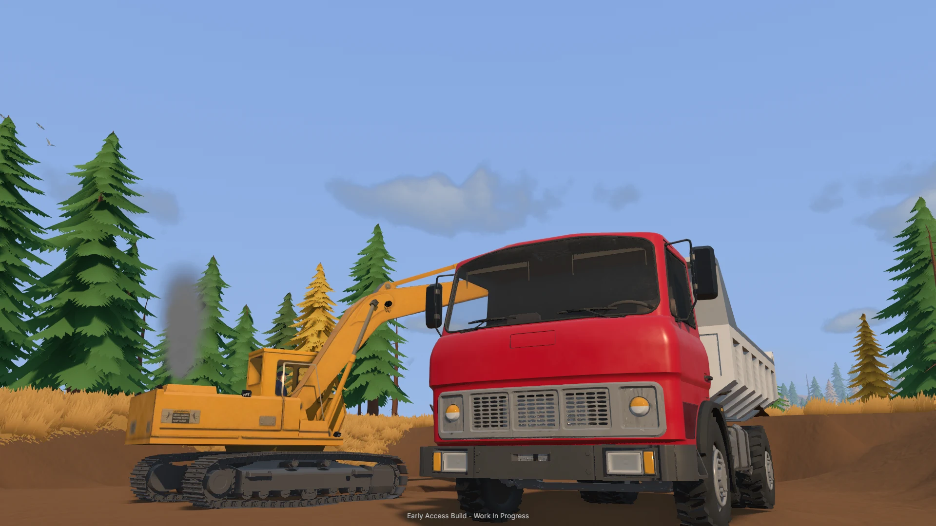 A red dump truck stands beside a yellow excavator at an excavation site.
