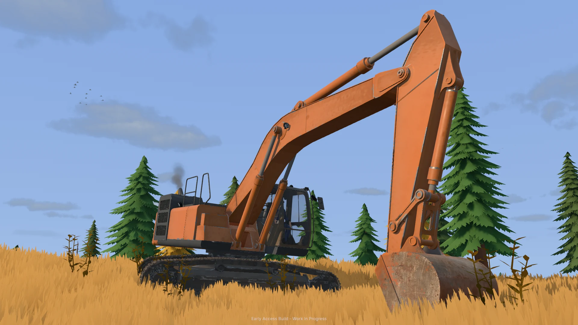 An orange tracked excavator rests its bucket on rocky ground in a forest clearing.