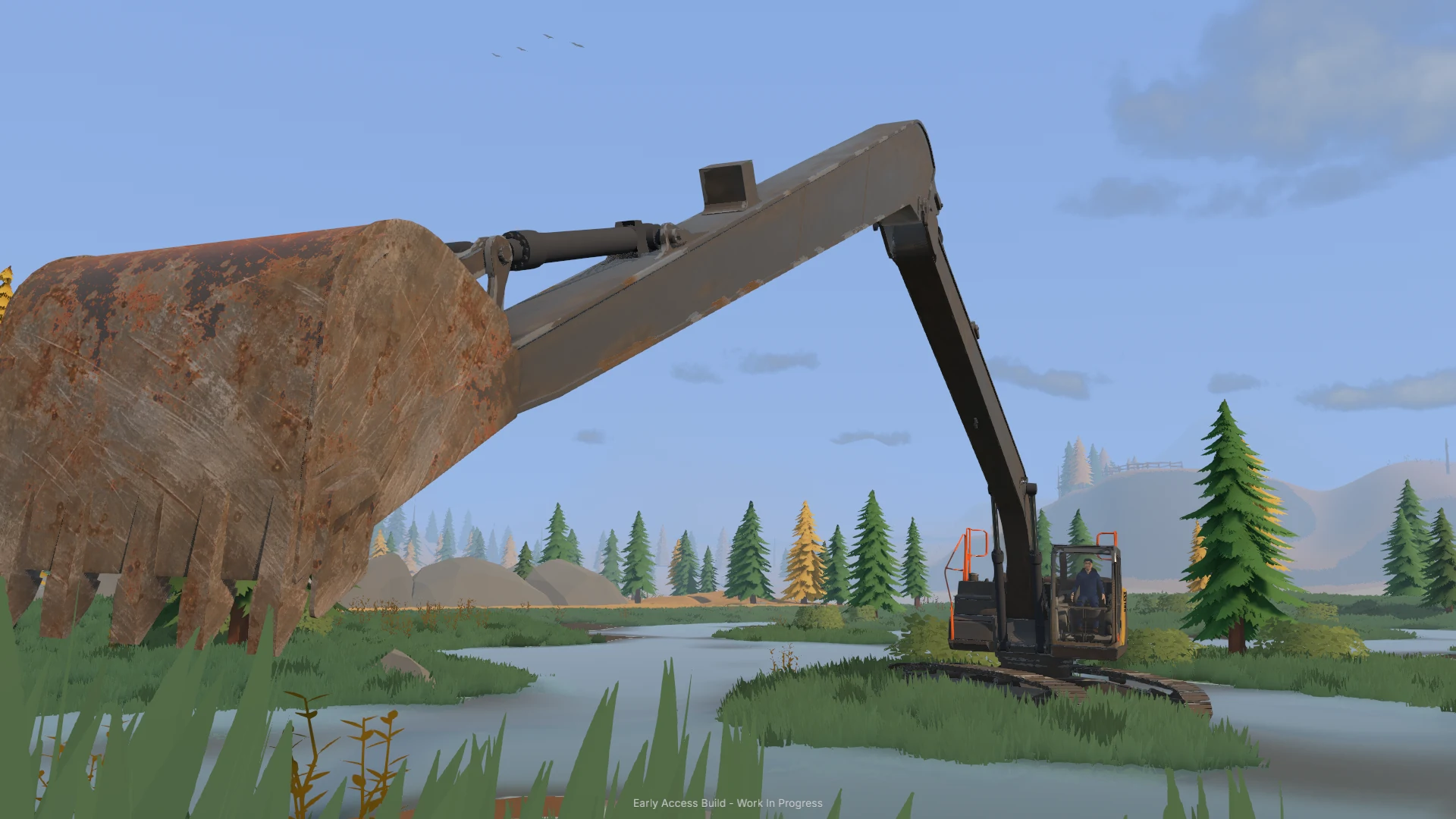 A long-reach excavator lifts a bucket of soil beside a wet worksite.