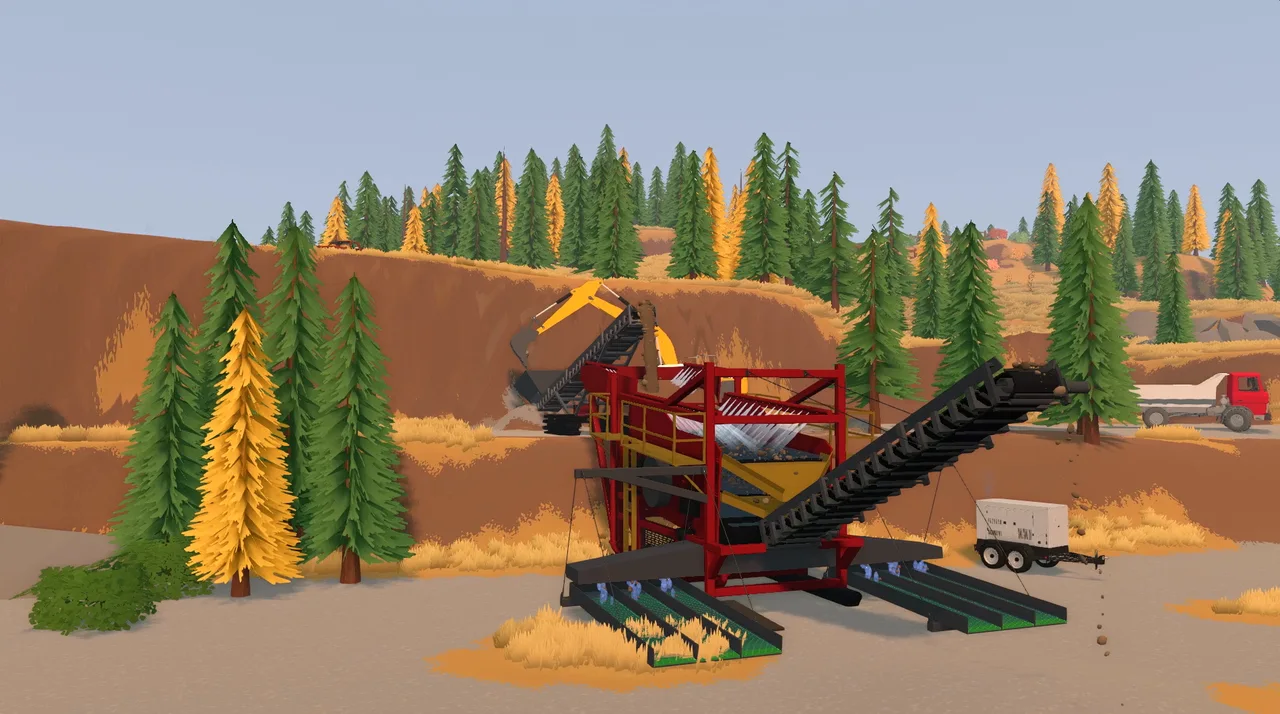 An excavator feeds a red wash plant with screening decks and a discharge conveyor on the worksite